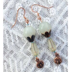 Copper Moon Face & Moonstone Beaded Dangle Earrings